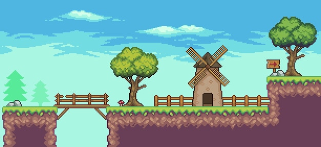 Pixel art arcade game scene met drijvend platform molen brug bomen hek en wolken