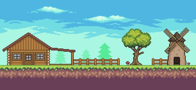 Scena di gioco arcade di pixel art con recinzione di alberi di mulino di casa e nuvole di sfondo vettoriale a 8 bit