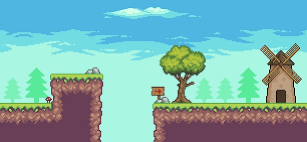 Scena di gioco arcade pixel art con alberi di mulino e nuvole 8 bit sfondo vettoriale