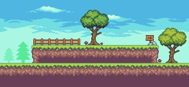 Pixel art arcade game scene with tree fence and clouds 8 bit vector background