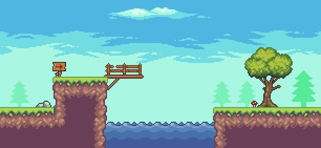 Scena di gioco arcade pixel art con ponte sul lago albero tavola di legno nuvole 8 bit sfondo vettoriale