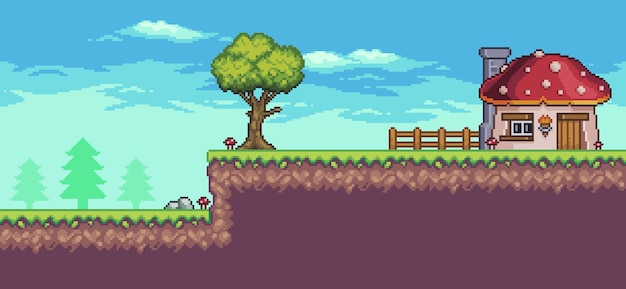 Pixel art arcade game scene with tree mushroom house fence and clouds 8 bit background vector