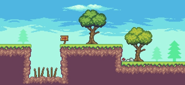 Pixel art arcade game scene with tree, trap, board and clouds 8 bit vector background