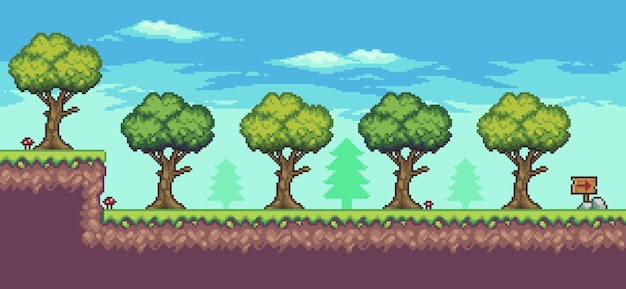 Pixel art arcade game scene with tree, wooden board, and clouds 8bit vector background