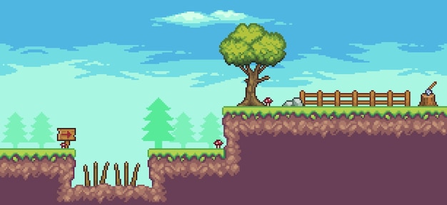 Пиксельная сцена аркадной игры с деревьями, забором, шипами, облаками, камнями и флагом