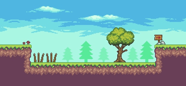 Scena di gioco arcade pixel art con alberi, tavola di legno, trappola e nuvole 8 bit sfondo vettoriale