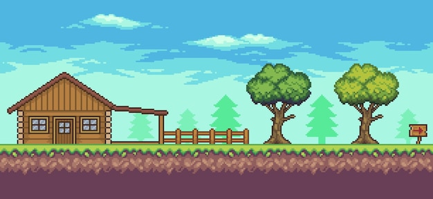 Scena di gioco arcade pixel art con recinzione di alberi di casa in legno e nuvole di sfondo a 8 bit