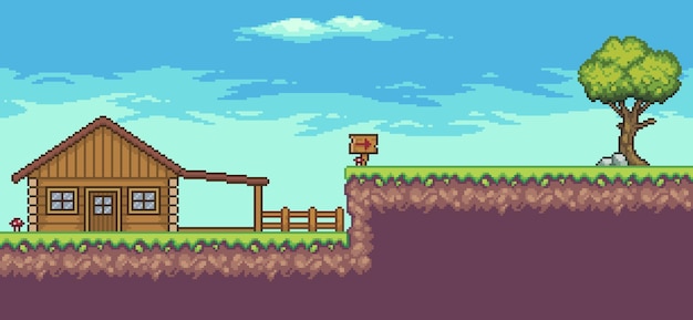 Scena di gioco arcade pixel art con casa in legno, alberi, recinzione e nuvole 8bit sfondo