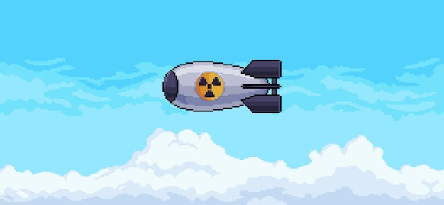 Vector pixel art atomic bomb falling from blue sky with clouds vector background for 8bit game