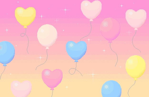 Vector pixel art background of balloons flying in the dreamy sky