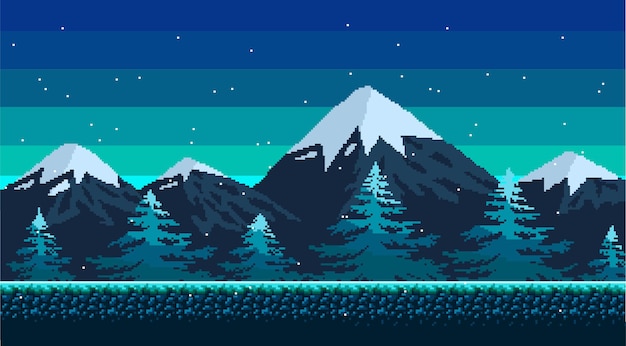 Vector pixel art background snowy mountains at night landscape for game or application seamless vector illustration eps 10