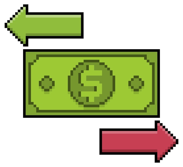 Pixel art banknote with arrows, money transaction vector icon for 8bit game on white background