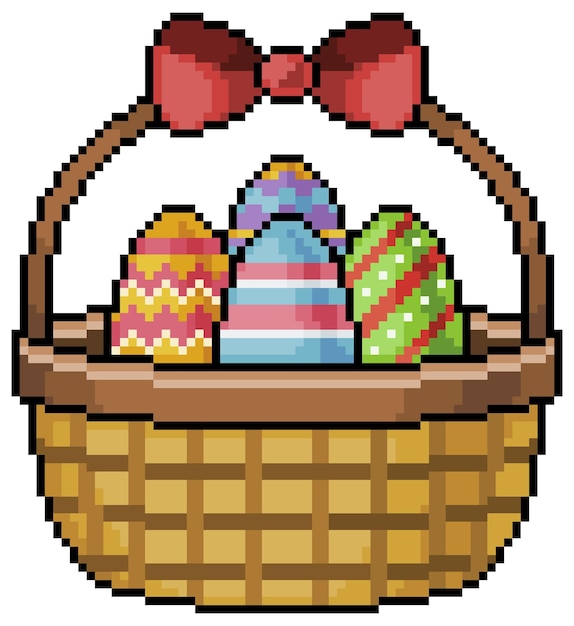 Пиксельная корзина с пасхальными яйцами на белом фоне