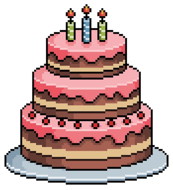 Pixel art birthday cake bit game item on white background