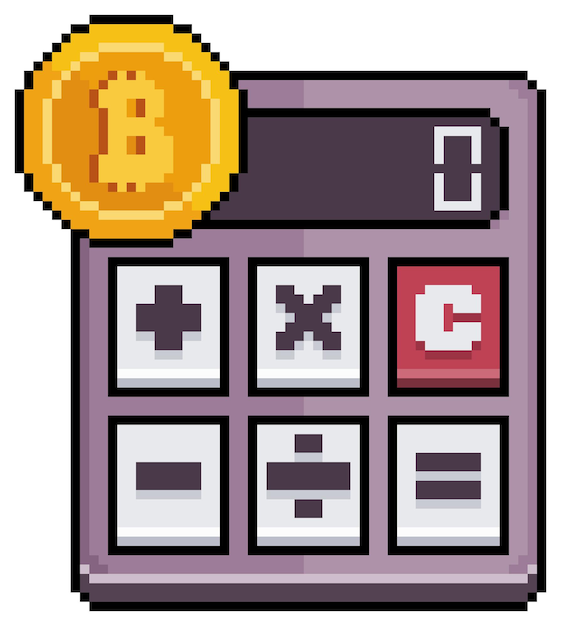 Calcolatore bitcoin pixel art icona del vettore di calcolo della criptovaluta per il gioco a 8 bit