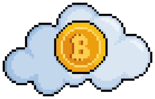 Pixel art bitcoin in the cloud cryptocurrency mining vector icon for 8bit game on white background