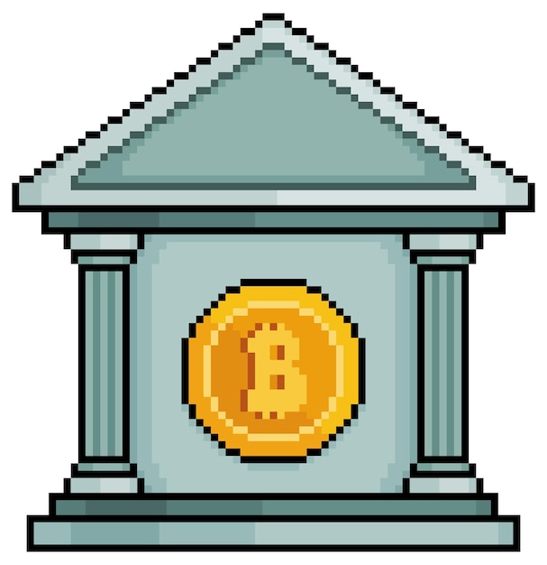 Pixel art bitcoin and cryptocurrency bank vector icon for 8bit game on white background