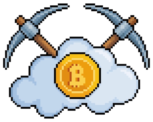 Pixel art bitcoin mining in the cloud vector icon for 8bit game on white background