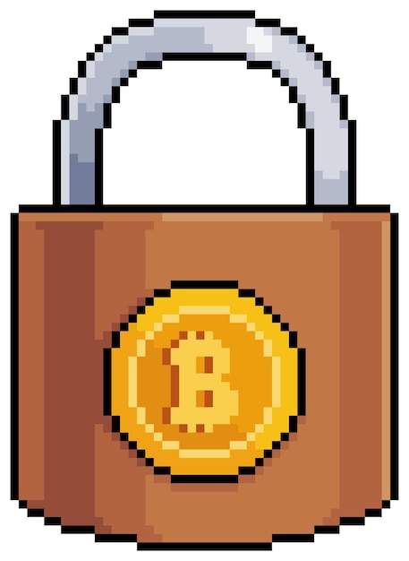 Vettore pixel art bitcoin lucchetto investimento sicuro in criptovalute elemento di gioco a 8 bit su sfondo bianco