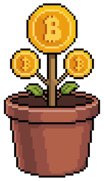 Pixel art bitcoin plant icona del vettore di crescita della criptovaluta per il gioco a 8 bit su sfondo bianco