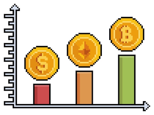 Пиксельная оценка биткойнов на векторной иконке эфириума для 8-битной игры на белом фоне