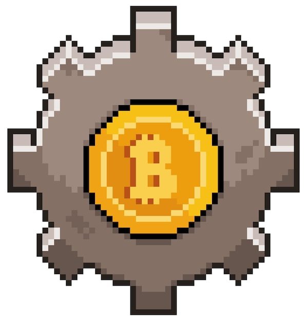 Pixel art bitcoin versnelling vector pictogram voor 8-bits spel op witte achtergrond