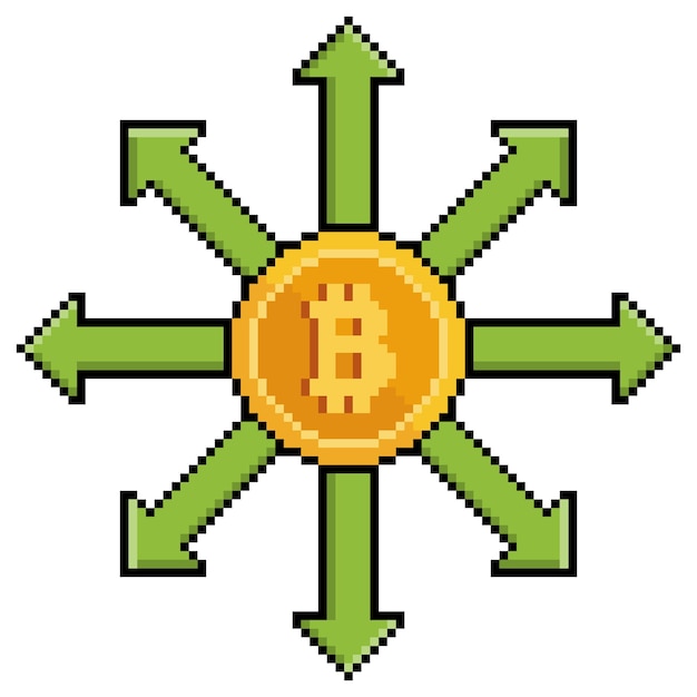 Pixel art bitcoin con frecce di direzione, icona vettore espansione bitcoin per gioco a 8 bit