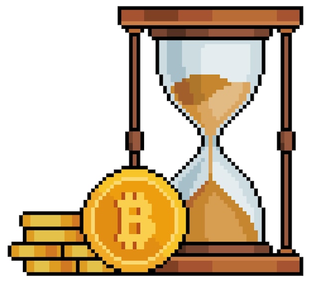 Pixel art bitcoin zandloper crypto investering tijd vector pictogram voor 8-bits spel op witte achtergrond