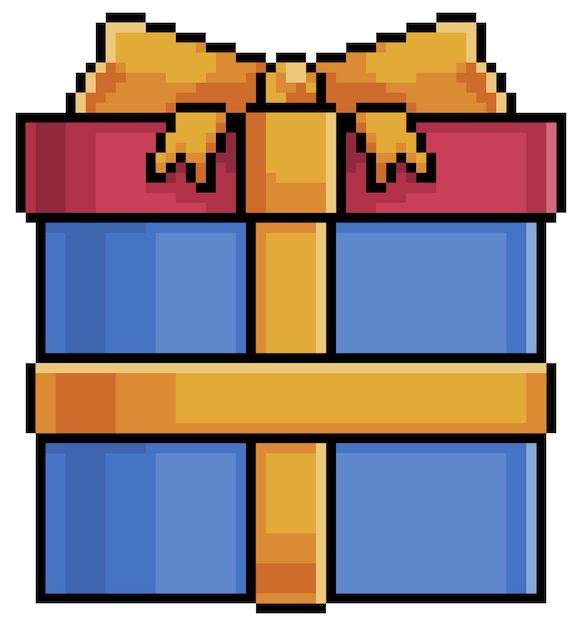 Pixel art blue and red gift box with golden ribbon vector icon for 8bit game on white background