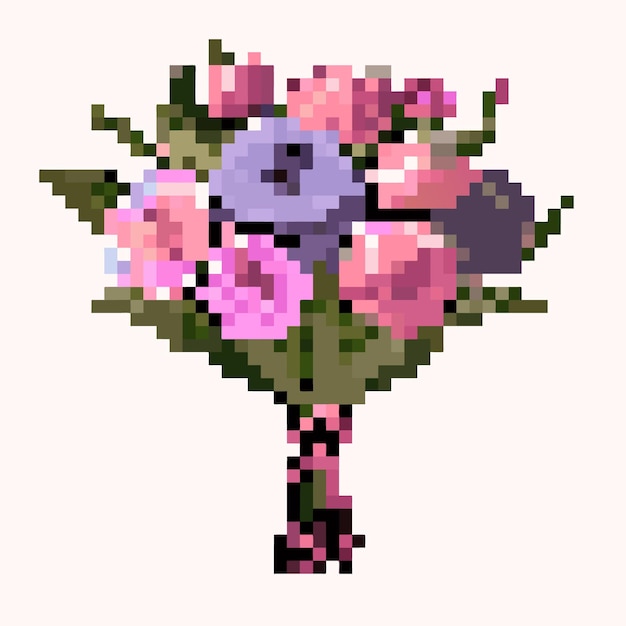 Vettore pixel art bouquet di fiori con fiocco