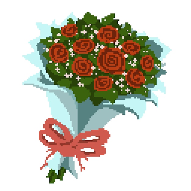 Pixel art bouquet of flowers with rose vector illustration