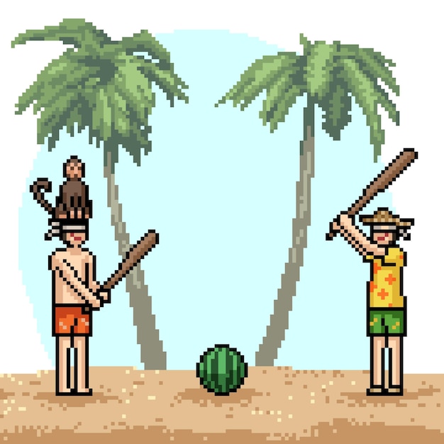 pixel art boy playing watermelon