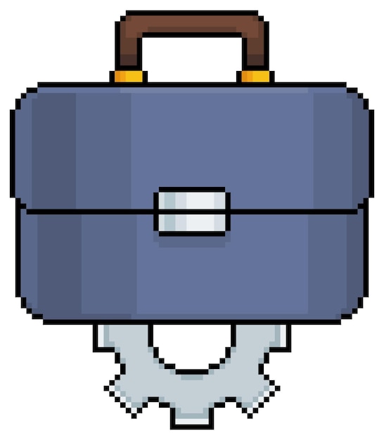 Pixel art briefcase with gear, work strategy vector icon for 8bit game on white background