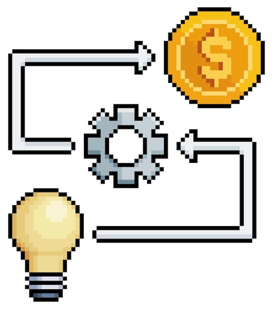 Pixel art business diagram met gloeilamp, versnelling en geld vector icoon voor 8bit game