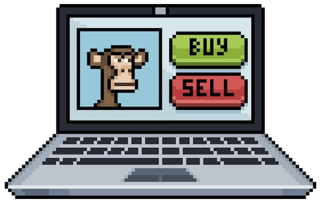 Pixel art buy and sell nft monkey by computer vector icon for 8bit game on white background