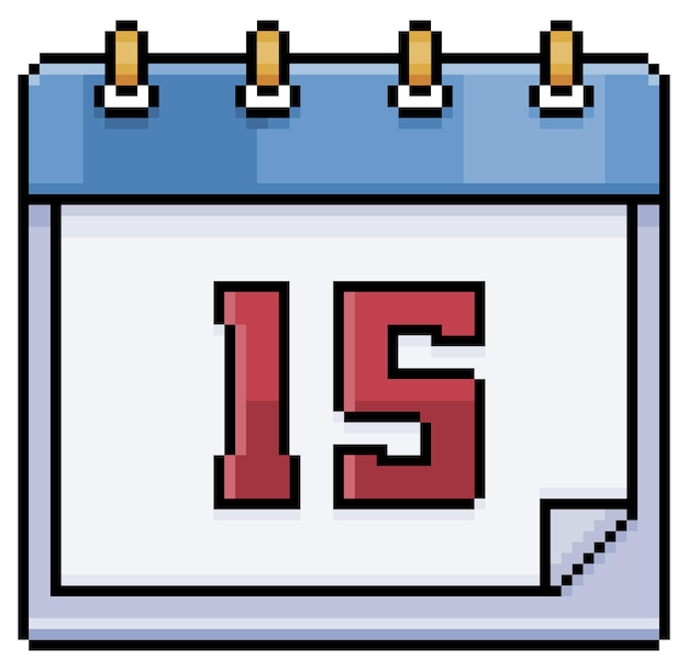 8비트 게임 흰색 배경에 대한 날짜 15일 15일 휴일 15일 벡터 아이콘이 있는 픽셀 아트 달력