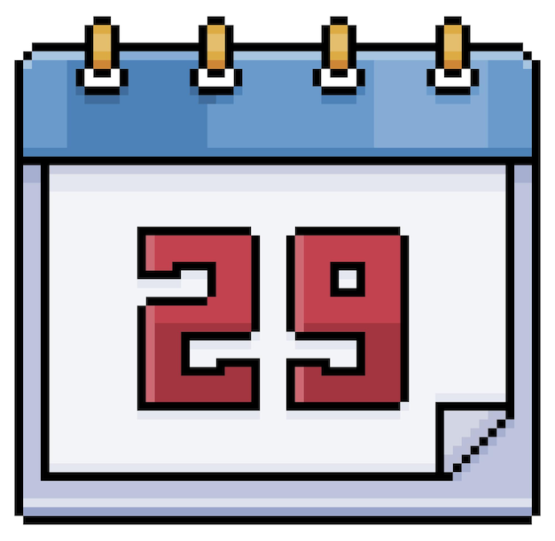 Calendario pixel art con data 29 giorno 29 giorno festivo 29 icona vettore per gioco a 8 bit sfondo bianco