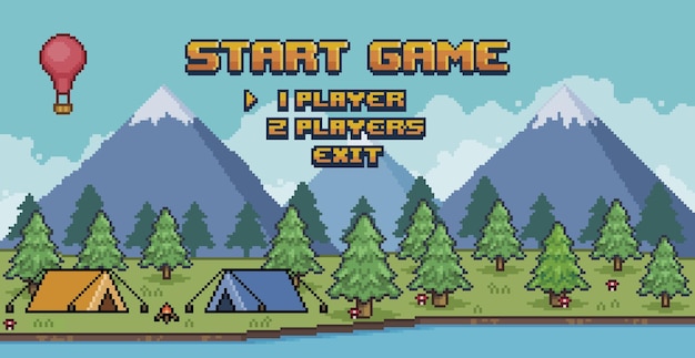 Vector pixel art camping game menu game selectie menu met pijnbomen en bergen 8bit vector achtergrond