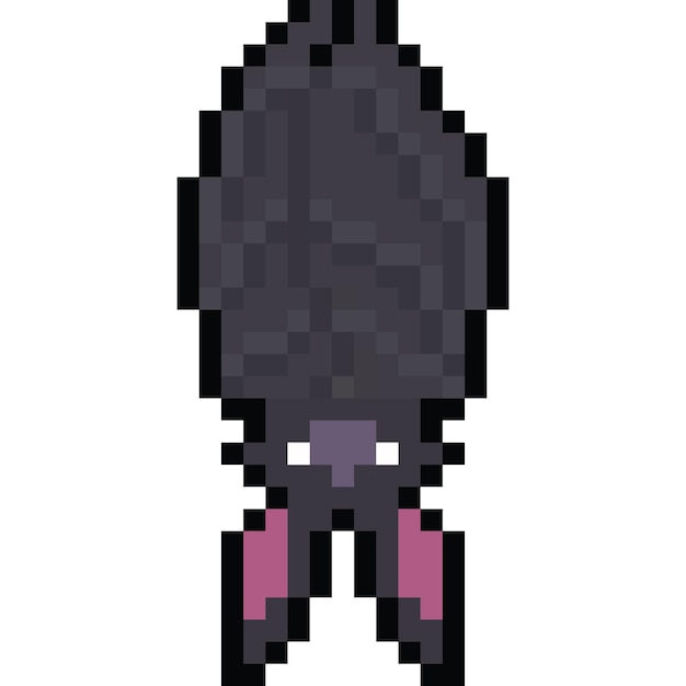 Vector pixel art cartoon hanging upside down bat character