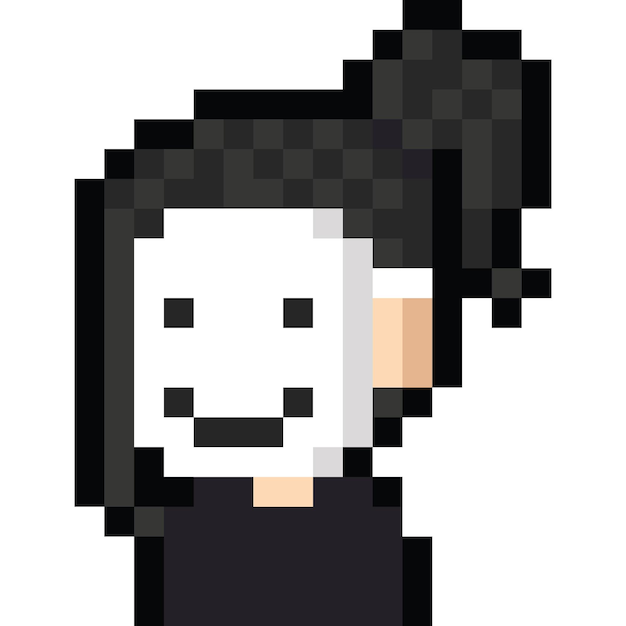Pixel art cartoon portret vrouwelijk personage met een glimlachmasker