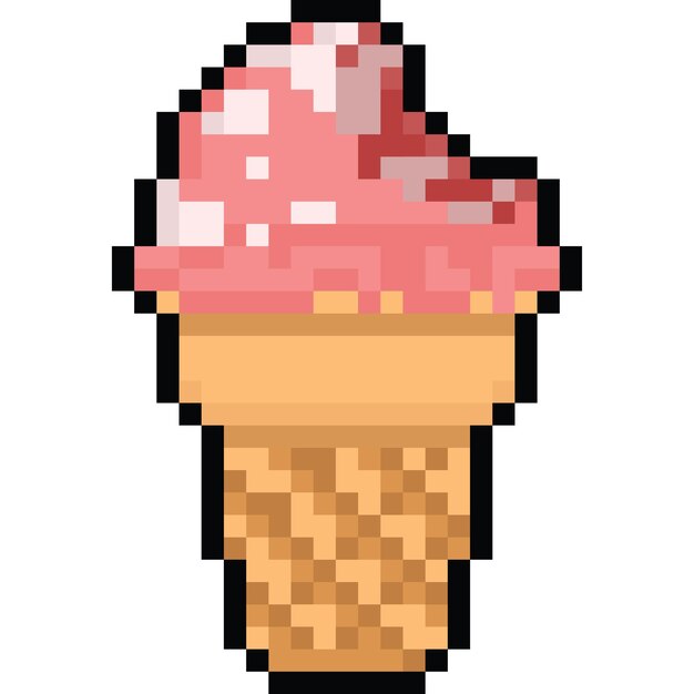 Vector pixel art cartoon strawberry ice cream cone icon
