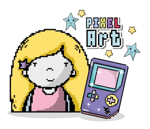 Fumetto di arte del pixel con ragazza e tetris