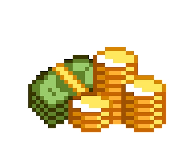 Pixel art cash money and stack of coins Pixel gold coins stack of banknotes Pixel game icons