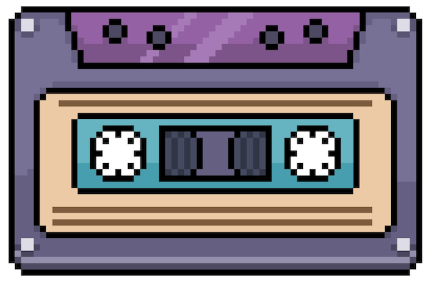 Pixel art cassette tape vector pictogram voor 8-bits spel op witte achtergrond