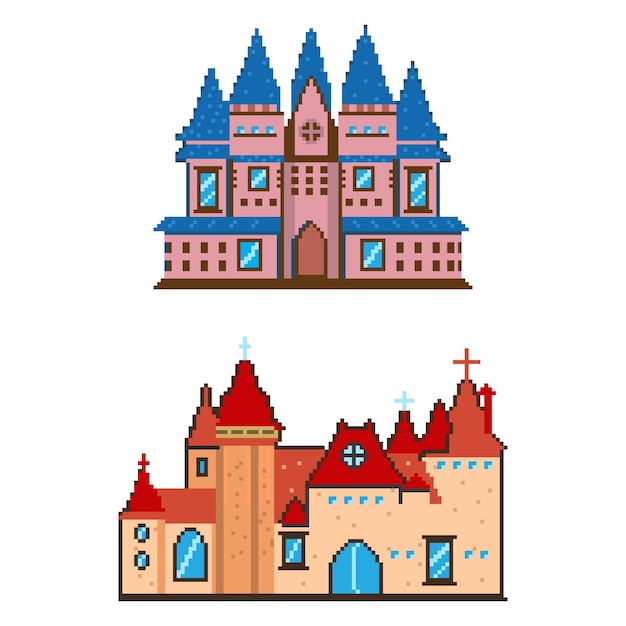 Vector a pixel art of a castle and a castle