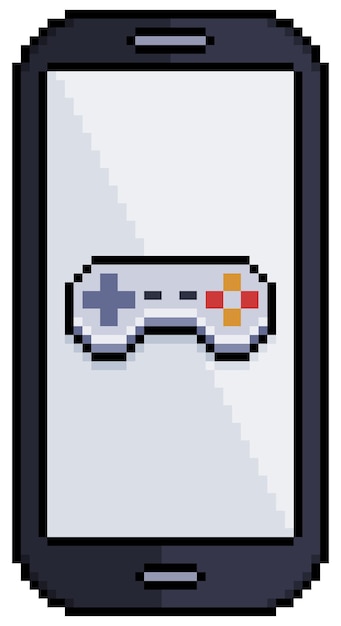 Pixel art cell phone with console joystick icon vector icon for 8bit game on white background