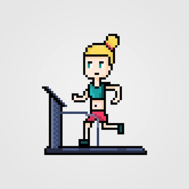 ベクトル トレッドミルスポーツトレーニングで実行されているピクセルアートキャラクターの女性