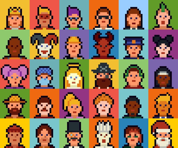 Vector pixel art characters set of the 8bit avatar funny faces in 80s nft cartoon vector icon