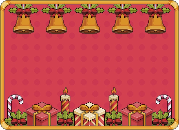 Pixel art christmas background banner 8bit with bells christmas balls gift candles