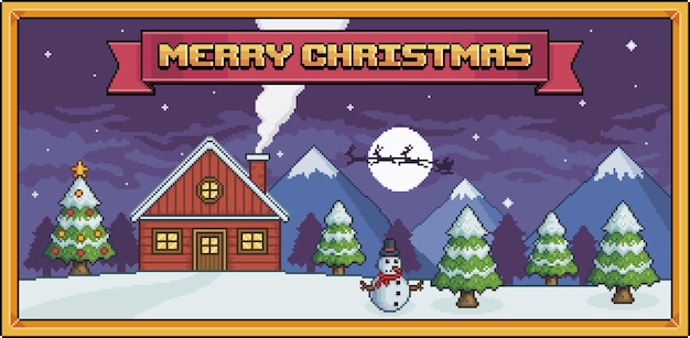 Pixel art christmas landscape with house, mountains, pine forest, 8bit background with golden border